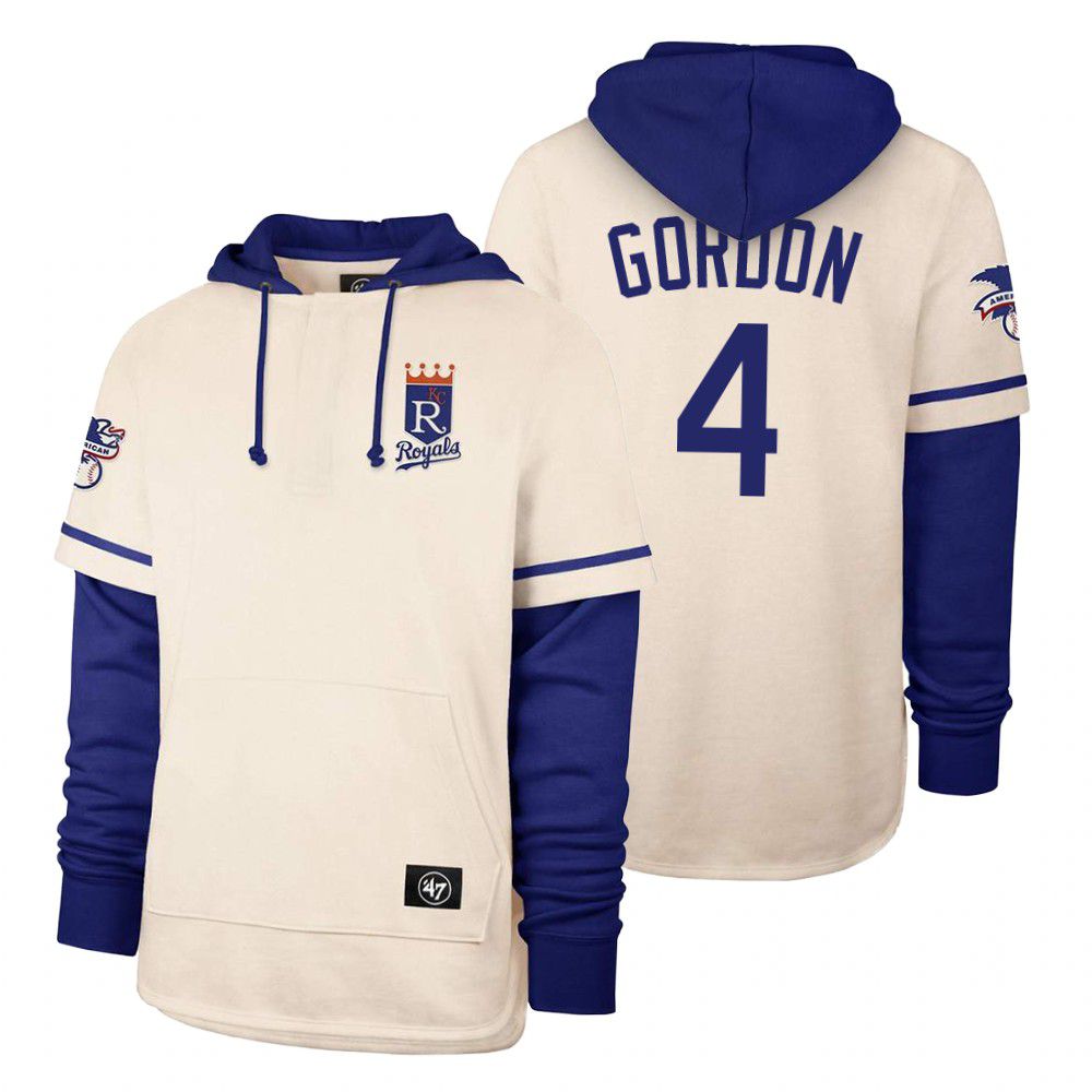 Men Kansas City Royals #4 Gordon Cream 2021 Pullover Hoodie MLB Jersey